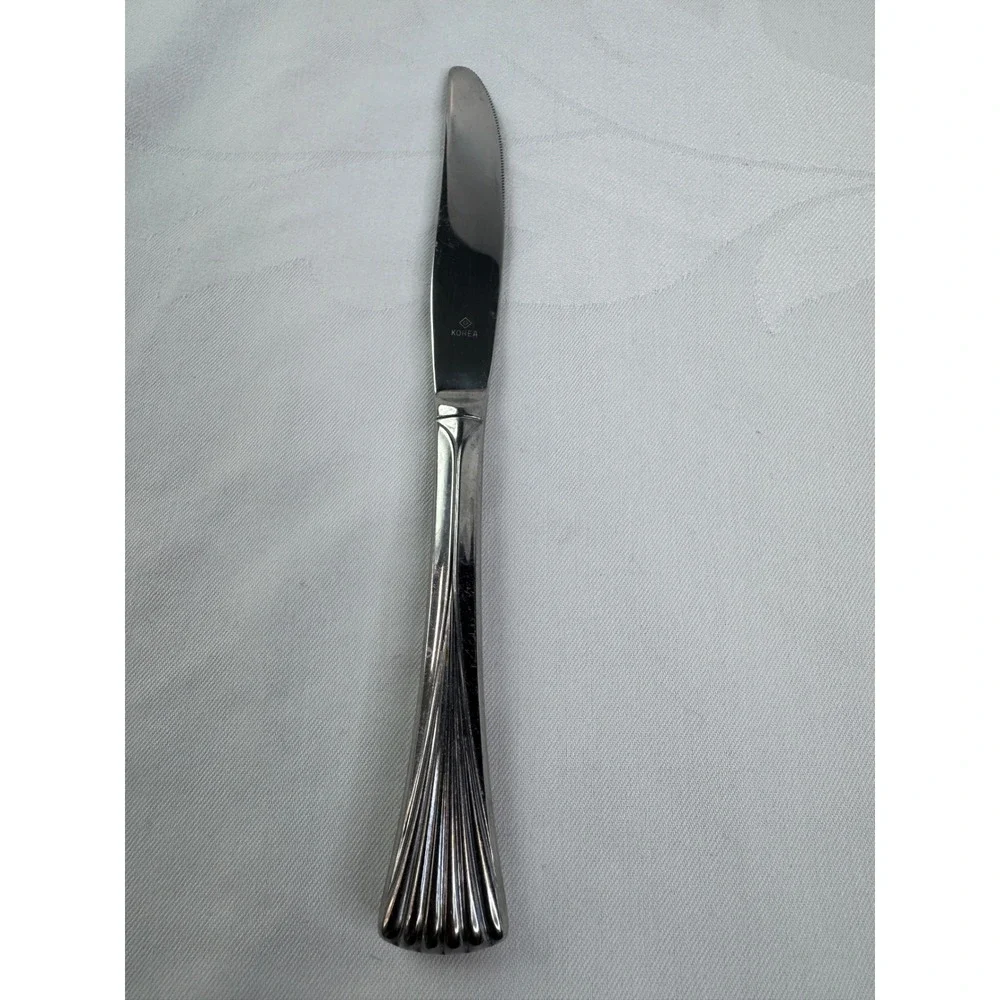 Vintage Stainless Steel Dinner Knife Flared Fan Pattern Handle Serrated Korea